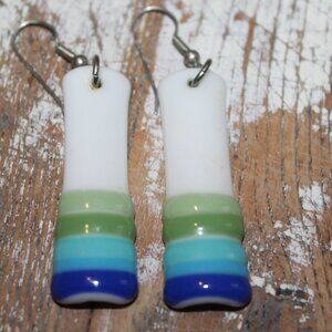 Vintage 1980s Green Blue & White Slag Glass Earrings